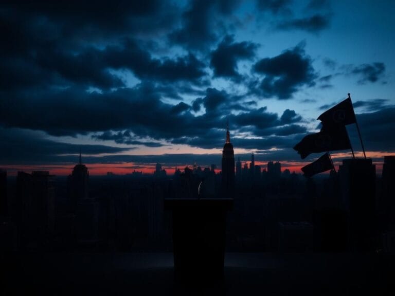 Flick International New York City skyline at dusk with a debate stage podium