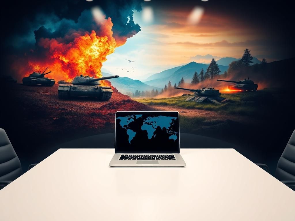 Flick International A modern office space featuring a sleek desk with an open laptop displaying a digital world map, symbolizing geopolitical discussions.