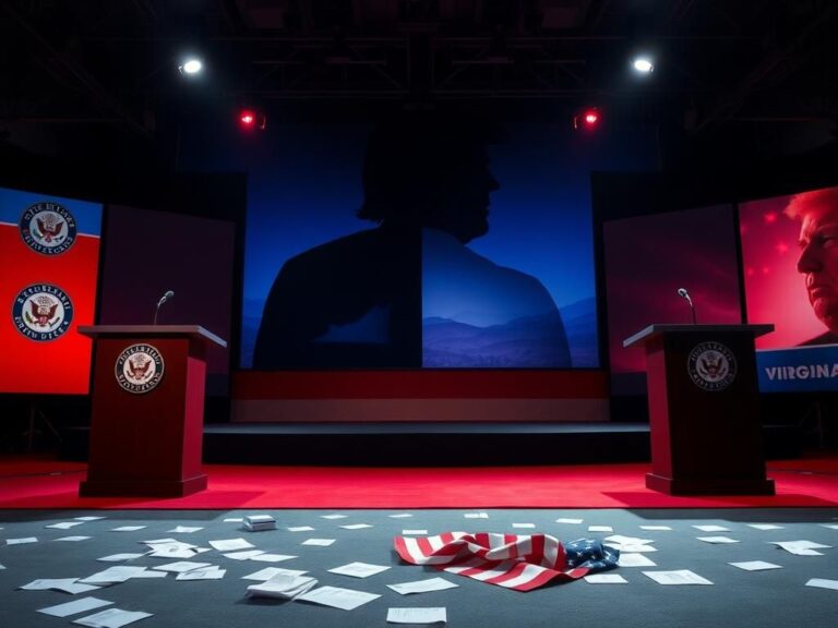 Flick International Dramatic debate stage with empty podiums and a silhouette of Donald Trump's hairstyle