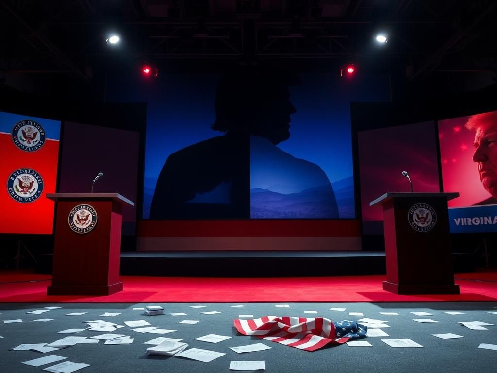 Flick International Dramatic debate stage with empty podiums and a silhouette of Donald Trump's hairstyle