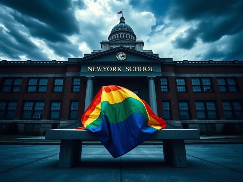 Flick International Exterior view of a large school building in New York City with a rainbow flag symbolizing support for transgender rights