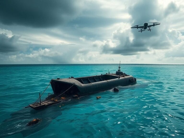 Flick International Partially submerged, charred remains of a drug-smuggling submersible in the Caribbean waters.