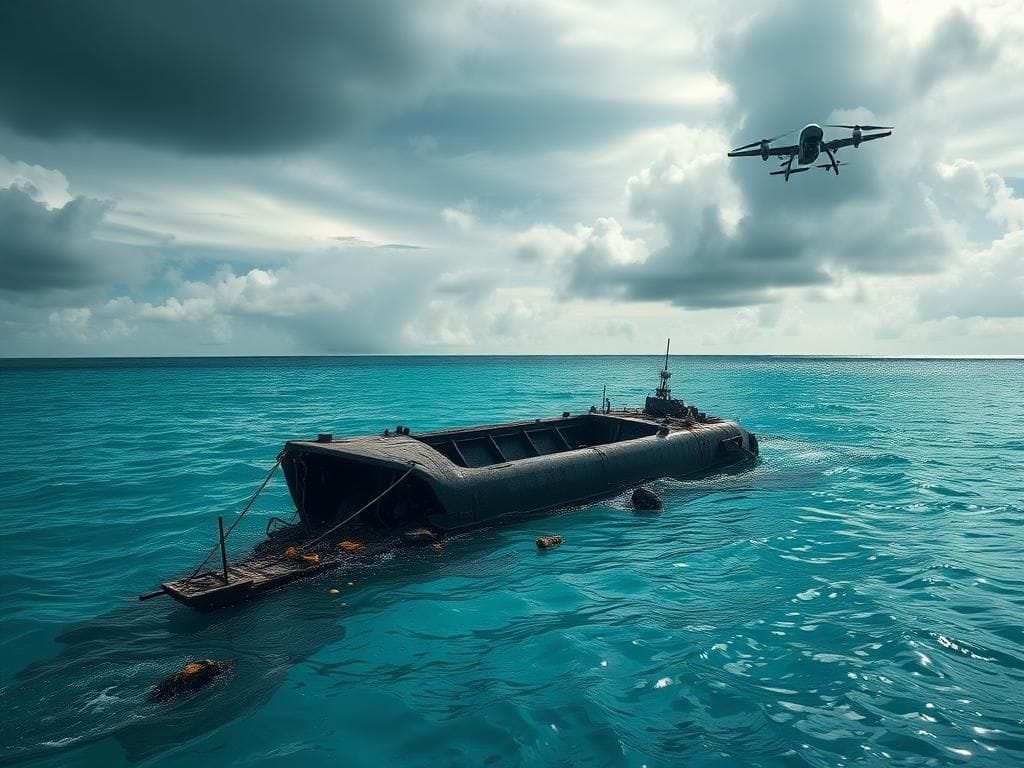 Flick International Partially submerged, charred remains of a drug-smuggling submersible in the Caribbean waters.