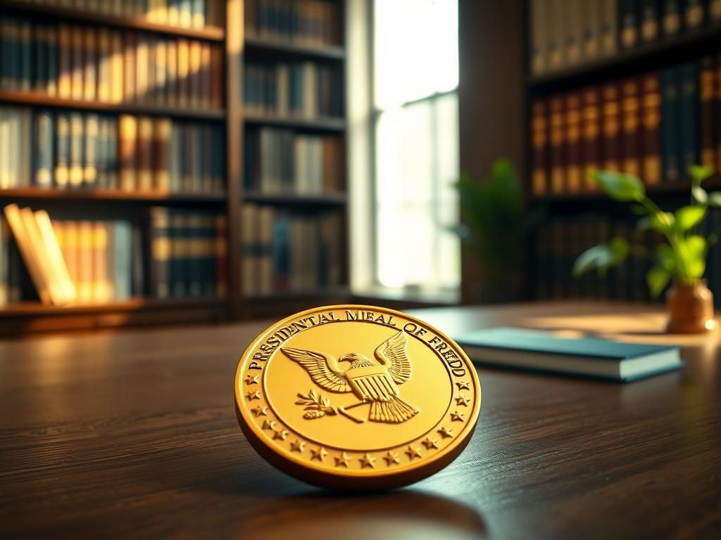 Flick International Close-up view of Presidential Medal of Freedom on wooden desk