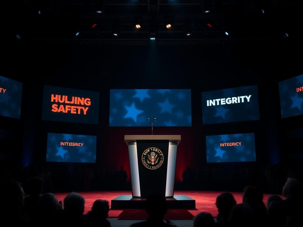 Flick International Dramatic debate stage in a dimly lit auditorium with podium and illuminated keywords.