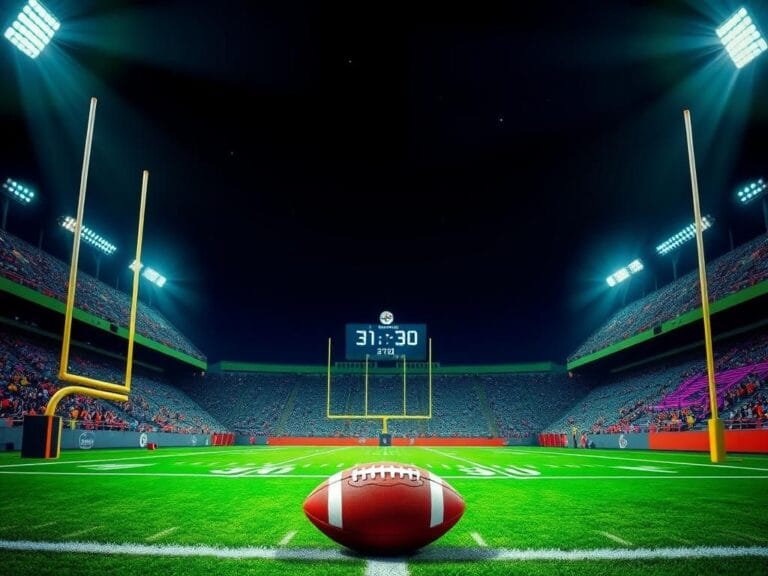 Flick International Dramatic night scene of an illuminated football stadium with a football on the yard line