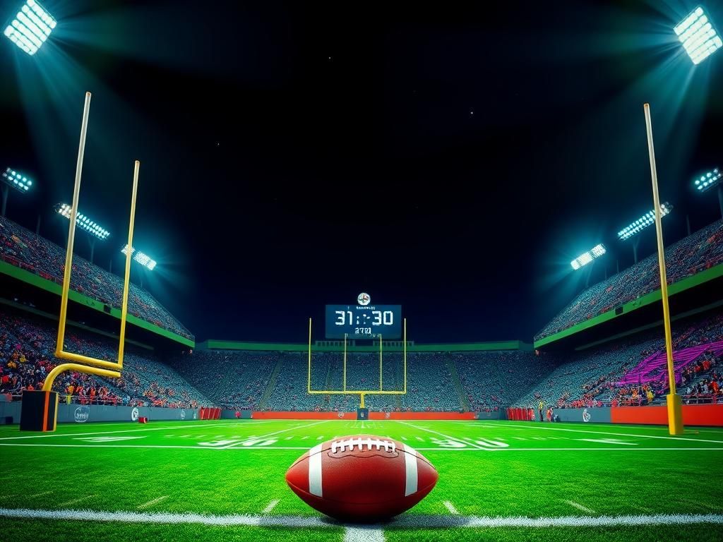 Flick International Dramatic night scene of an illuminated football stadium with a football on the yard line