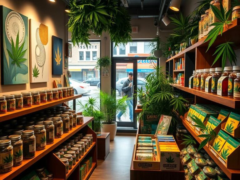 Flick International Interior of a vibrant cannabis shop with colorful products on display