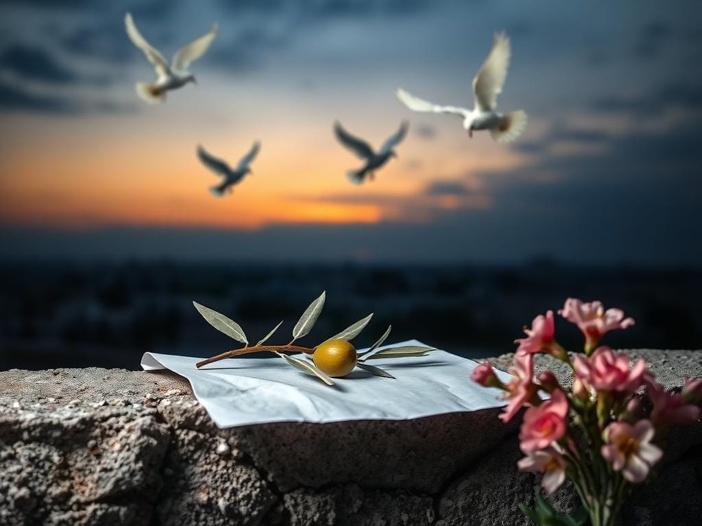 Flick International A broken olive branch and crumpled peace paper symbolizing ceasefire in Gaza