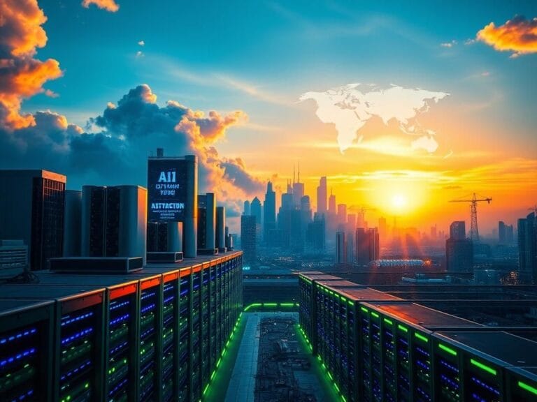 Flick International Futuristic city skyline featuring data centers and semiconductor plants at sunset
