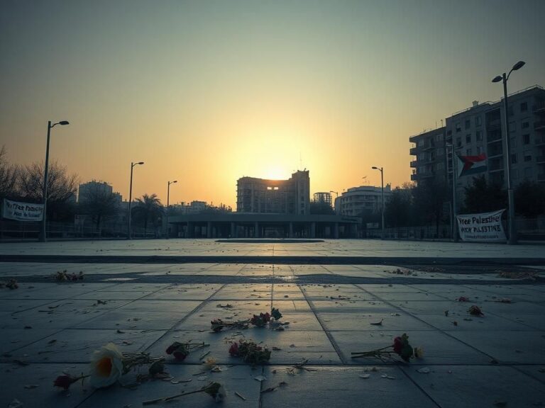 Flick International Desolate urban landscape showcasing an empty public plaza after the Gaza ceasefire.