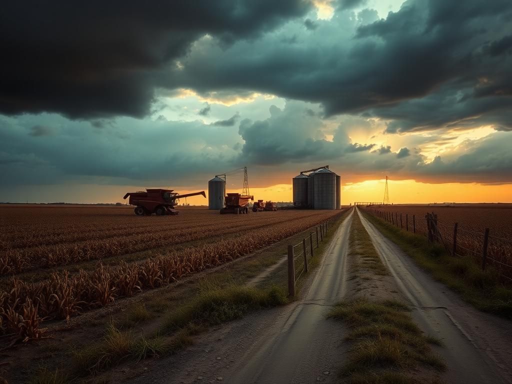 Flick International A vast Midwestern landscape at dusk with abandoned combines and empty fields of corn and soybeans under dark storm clouds