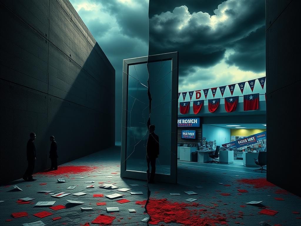 Flick International A dramatic split scene illustrating political tension in Virginia, contrasting a dark alley and a bright campaign office