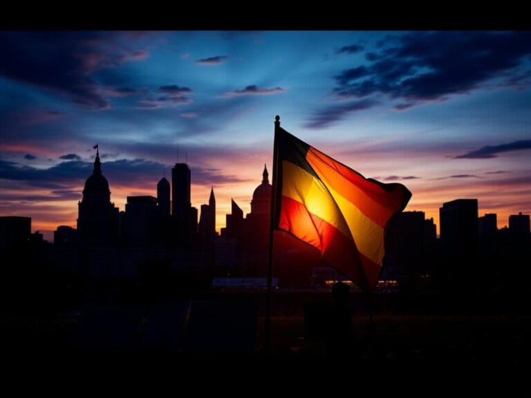 Flick International A dramatic cityscape at dusk featuring iconic landmarks and a vibrant rainbow flag symbolizing peaceful protests