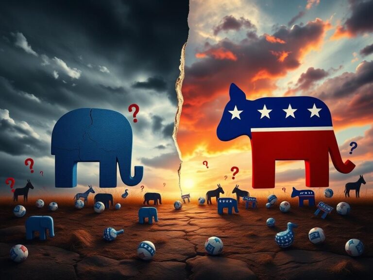 Flick International A divided political landscape with a cracked Democratic Party symbol and a vibrant Republican Party symbol, illustrating voter shift