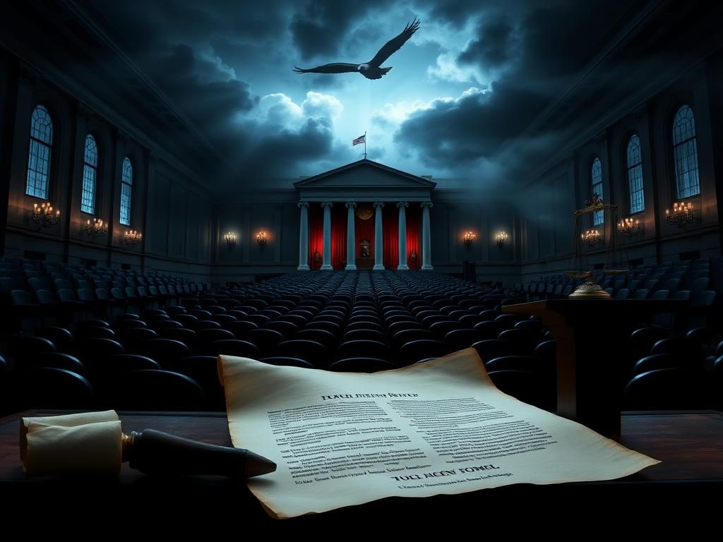 Flick International A dimly lit U.S. Senate chamber with empty rows of seats and a crumpled defense appropriations bill symbolizing legislative blockage.