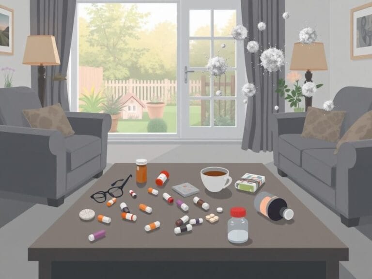 Flick International A serene senior's living room with scattered medications, depicting the hidden dangers of drug overdoses