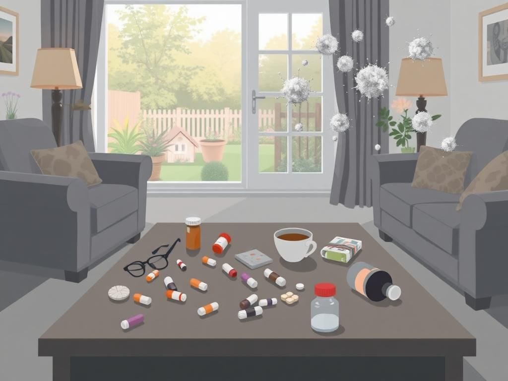 Flick International A serene senior's living room with scattered medications, depicting the hidden dangers of drug overdoses