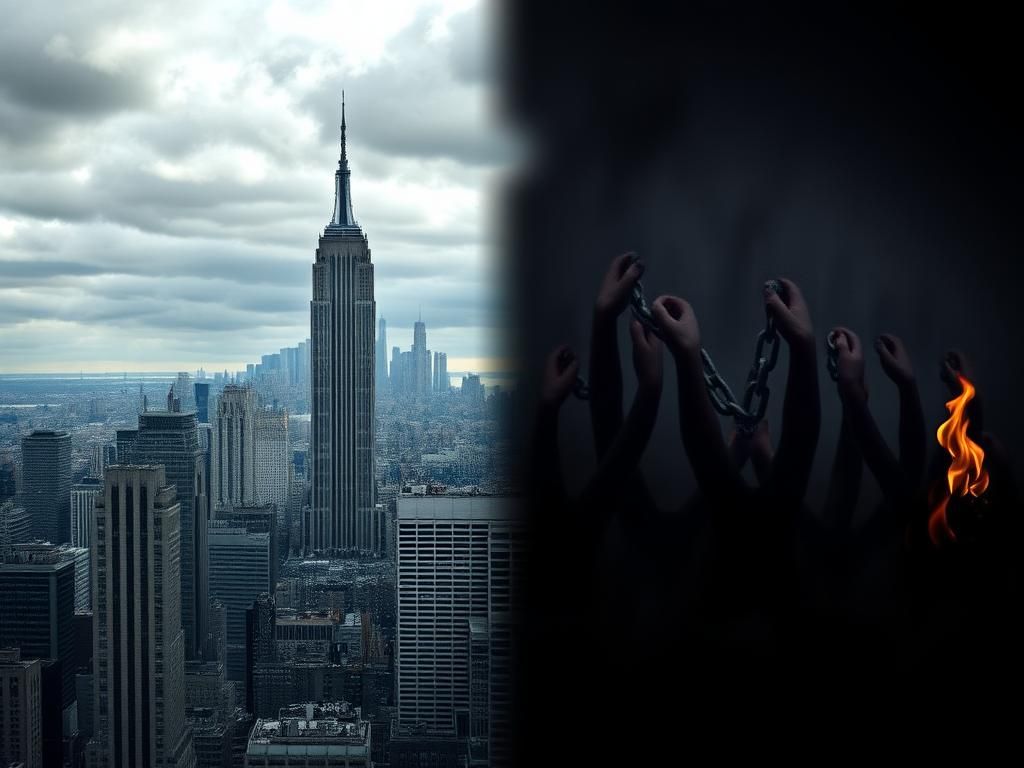 Flick International A split image of New York City showcasing the skyline and a tumultuous background symbolizing political tension