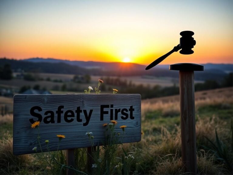 Flick International A tranquil Virginia landscape at dusk with rolling hills and a worn wooden sign reading 'Safety First'.
