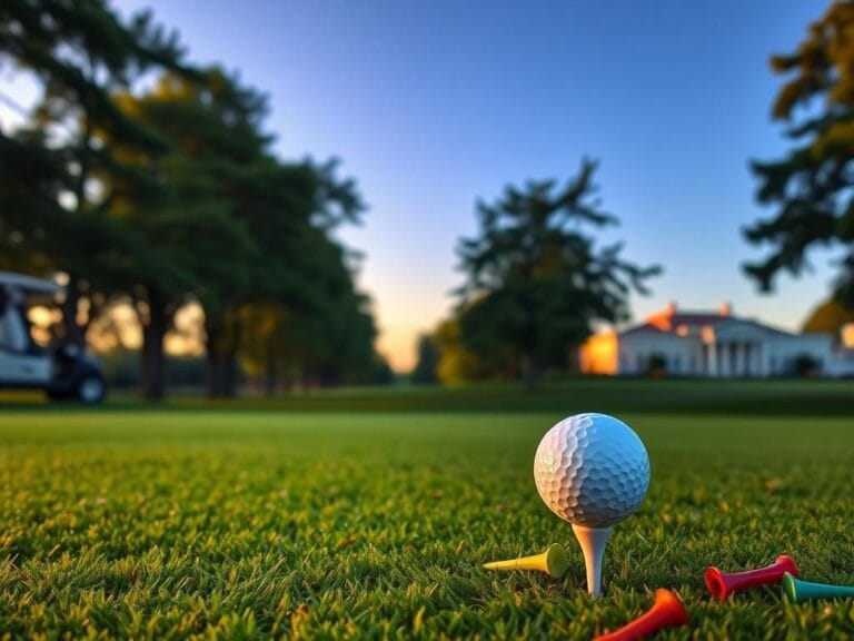 Flick International A serene golf course at Trump National Golf Club during sunset with a golf tee and ball in focus