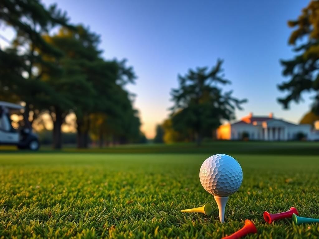 Flick International A serene golf course at Trump National Golf Club during sunset with a golf tee and ball in focus