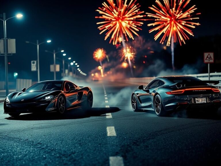 Flick International Two high-performance luxury cars parked on a deserted urban street during a night street takeover event.