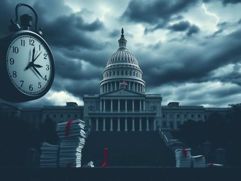 Flick International Large Capitol building silhouetted against an overcast sky, representing political tension during a government shutdown.