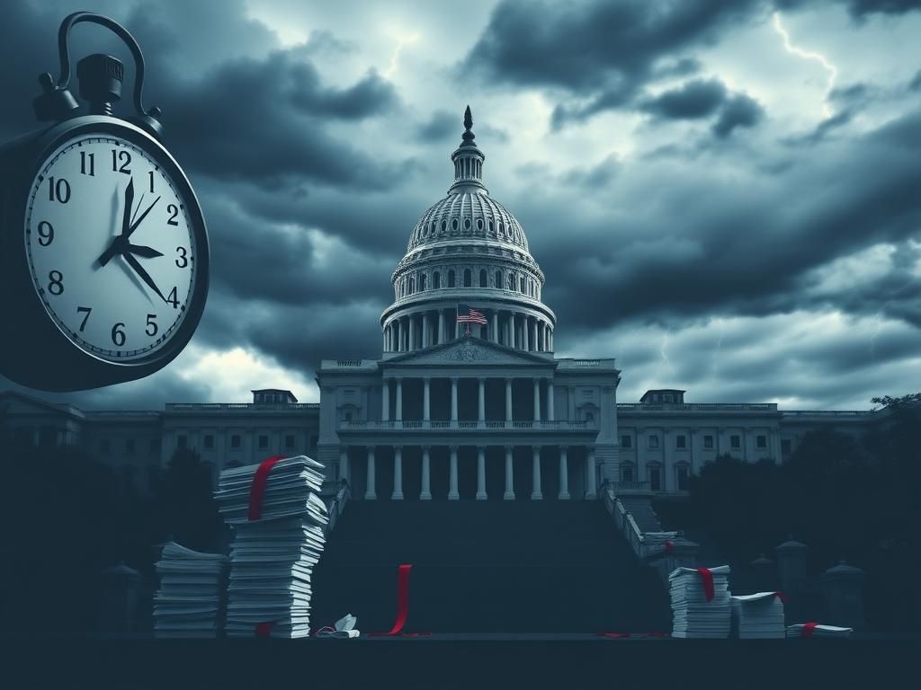 Flick International Large Capitol building silhouetted against an overcast sky, representing political tension during a government shutdown.