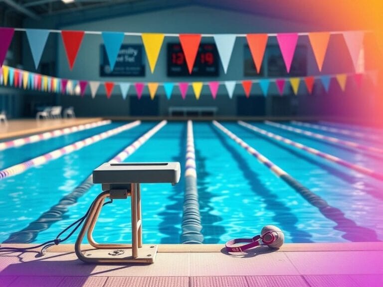 Flick International Dynamic swimming pool scene with vibrant blue water and starting block