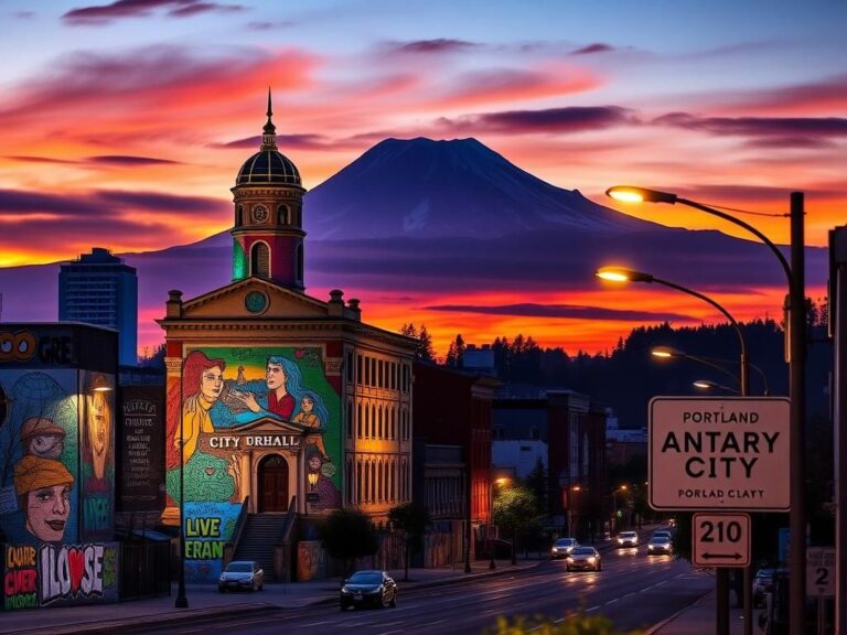 Flick International A vibrant cityscape of Portland at twilight, featuring city hall with colorful murals and a 'Sanctuary City' sign.