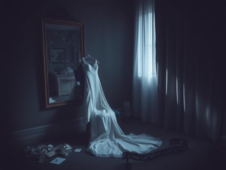 Flick International Elegant wedding dress draped over a chair in a dimly lit room, symbolizing lost love and broken relationships in Denise Richards' journey.