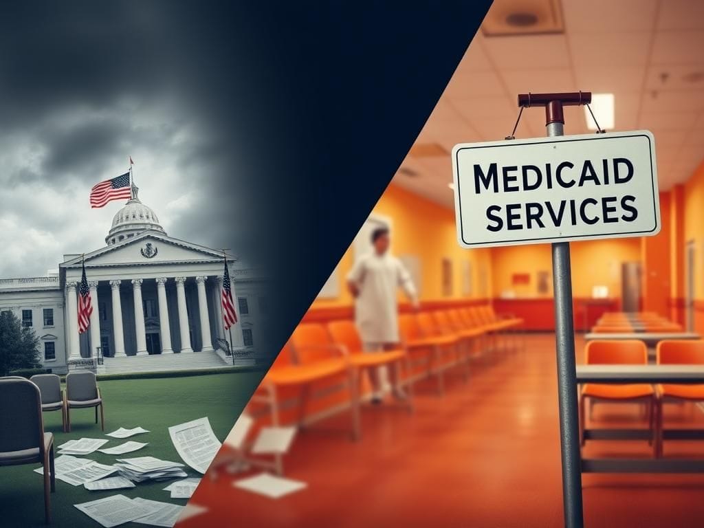 Flick International Split image contrasting U.S. healthcare debate with government building and rural hospital scenes
