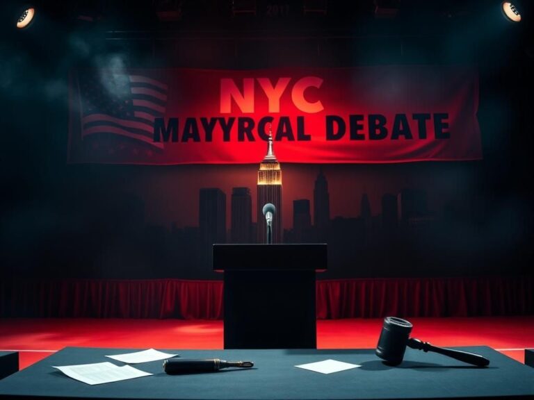 Flick International Intense scene of a vacant debate stage in NYC reflecting political tension