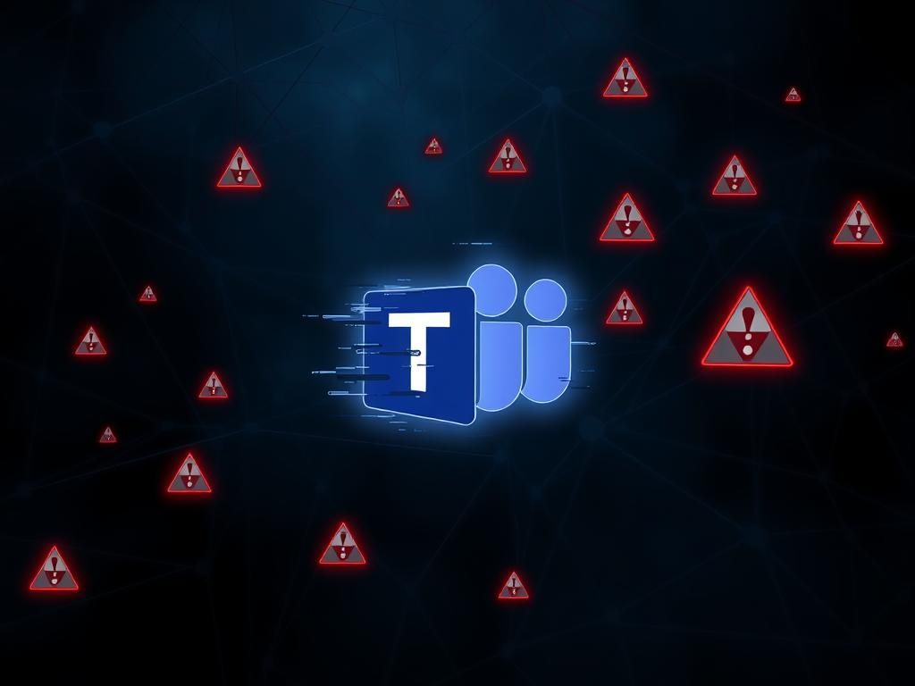 Flick International Dark digital landscape with interconnected nodes and a glitchy Microsoft Teams logo symbolizing compromised security