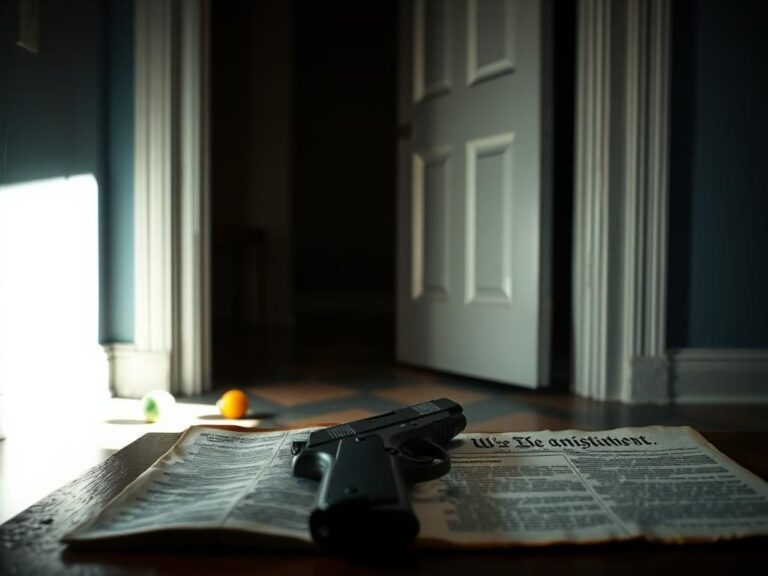 Flick International A dimly lit doorway suggesting uncertainty with a legally licensed handgun and an open U.S. Constitution.