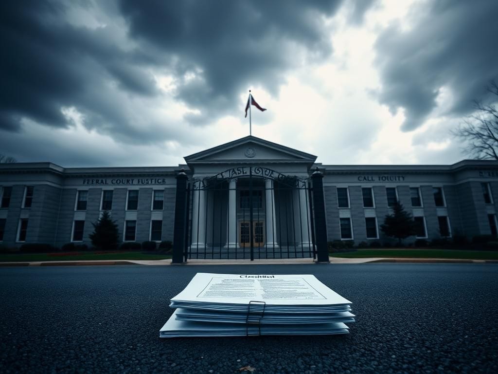 Flick International Exterior of a federal courthouse in Greenbelt, Maryland, with somber stone walls and imposing entrance
