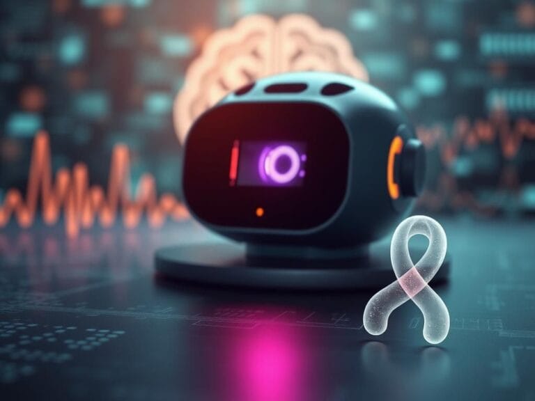 Flick International Close-up view of a cutting-edge artificial intelligence device with abstract brain wave representations