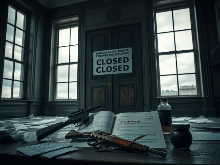 Flick International Dimly lit government office with closed sign at Bureau of Alcohol, Tobacco, Firearms and Explosives