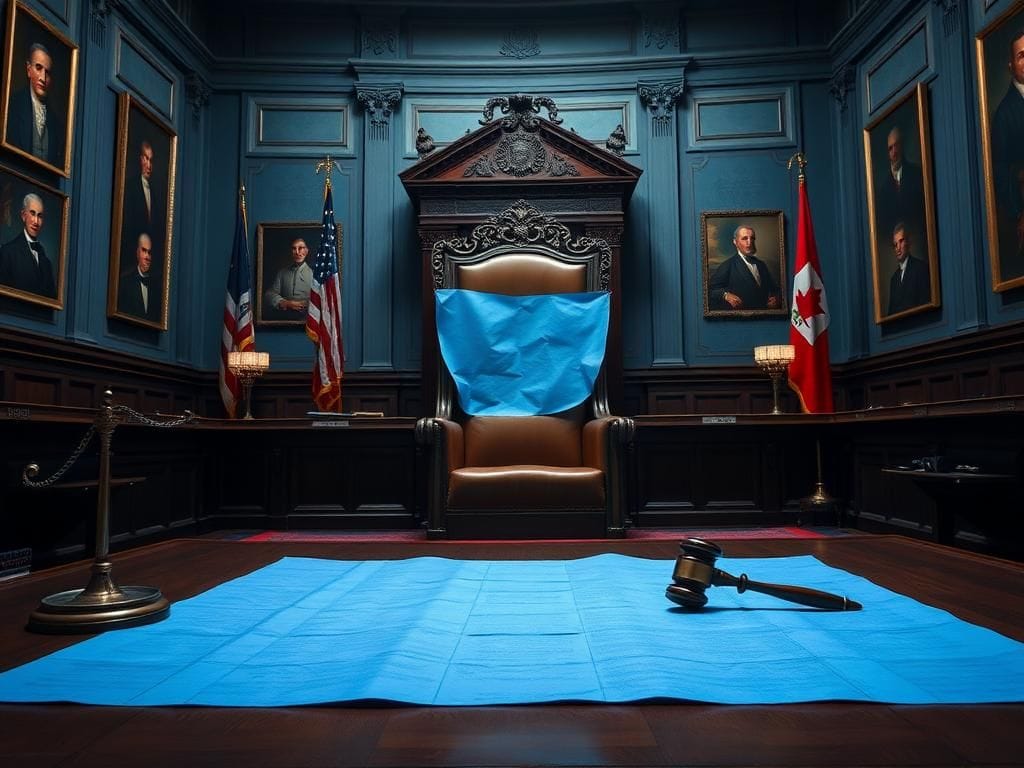 Flick International Ornate U.S. Senate chair surrounded by a giant blue slip of paper symbolizing the blue slip tradition blocking nominations