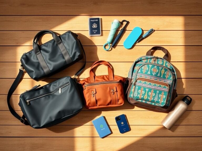 Flick International A flat lay of stylish small travel bags including a duffel, crossbody, and backpack on a wooden surface