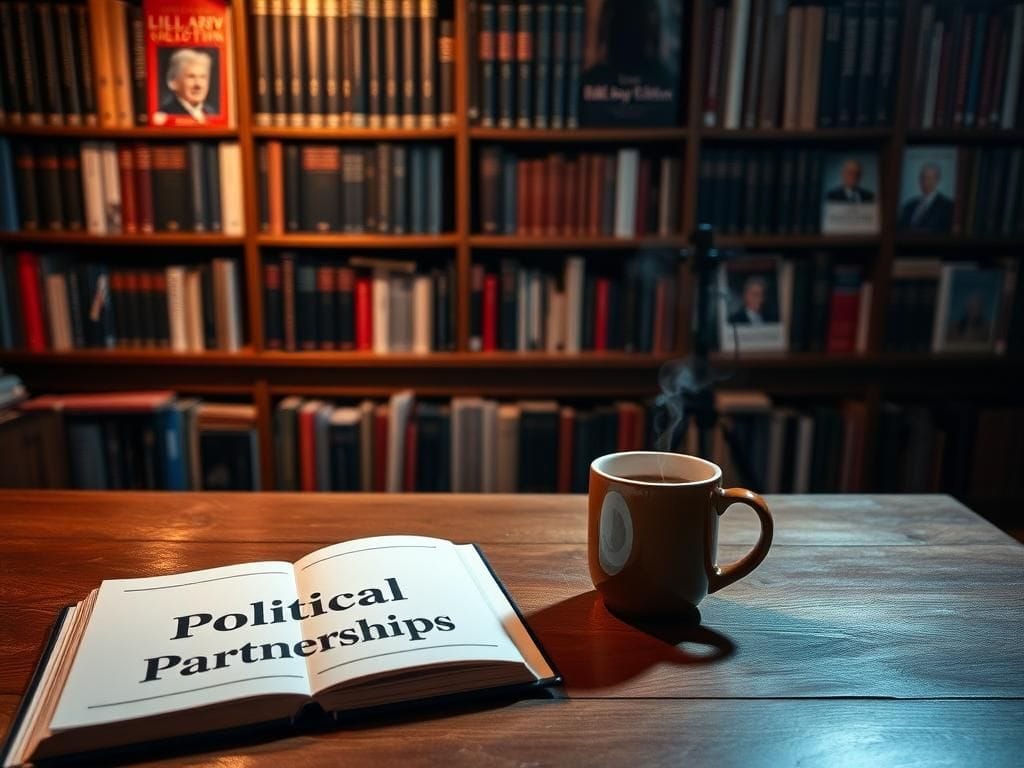 Flick International Cozy library setting featuring an open book on political partnerships and a cup of coffee