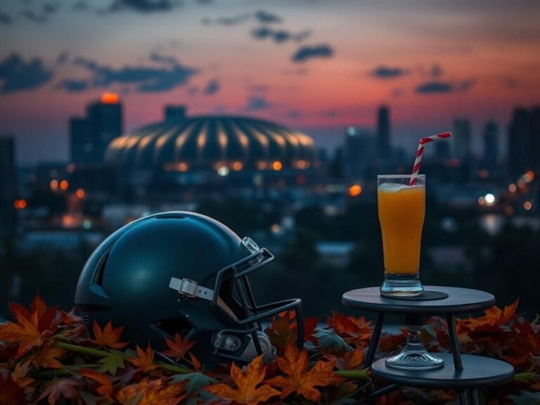 Flick International Abandoned football helmet surrounded by autumn leaves with a vibrant piña colada in the foreground against the New Orleans skyline at twilight