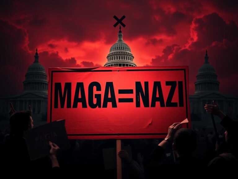 Flick International Bold political sign reading 'MAGA=NAZI' displayed in a dark and tense atmosphere