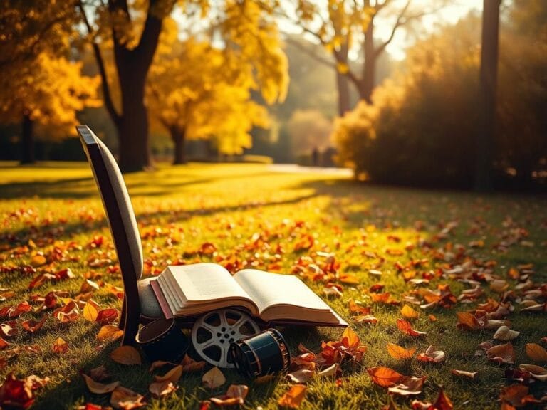 Flick International A serene autumn park scene symbolizing reflection with an elegant chair and an open book