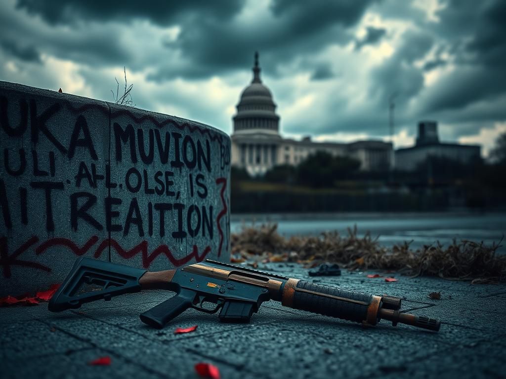 Flick International Abstract urban landscape with graffiti and an abandoned rifle, symbolizing political tension