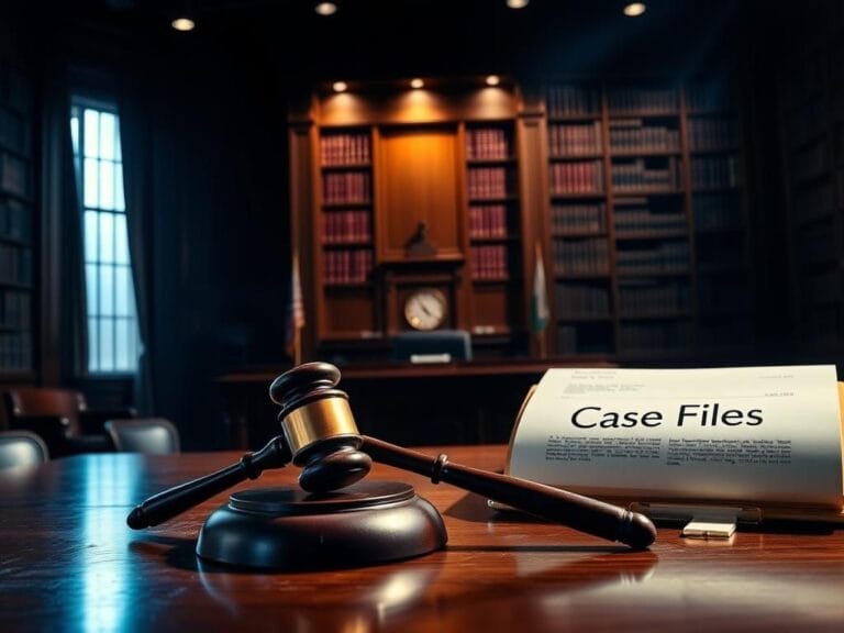 Flick International A dramatic courtroom scene with a large gavel and towering shelves of legal books