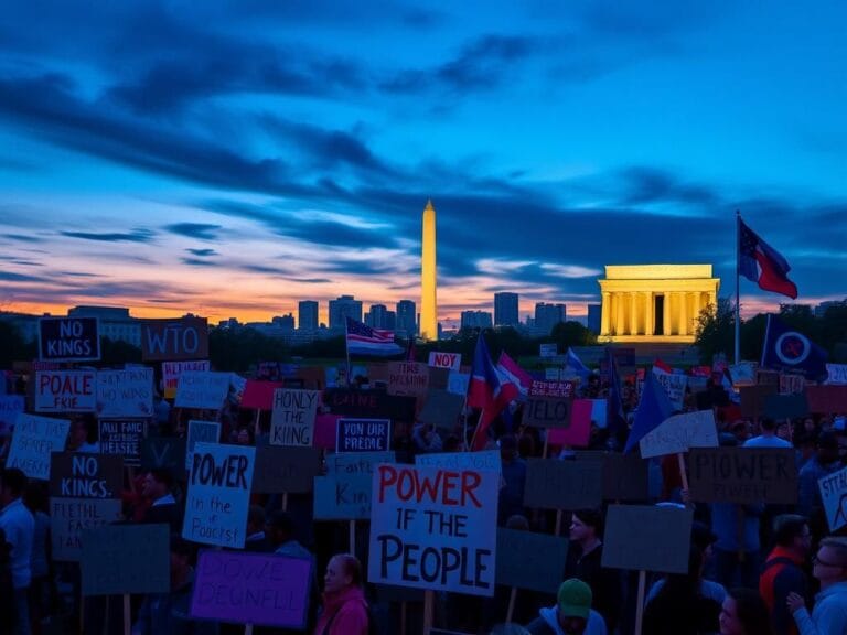 Flick International Diverse crowd of protest signs against a city skyline in Washington, D.C.