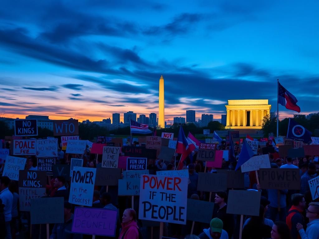 Flick International Diverse crowd of protest signs against a city skyline in Washington, D.C.