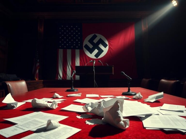 Flick International Tense congressional press room with shadows and microphones waiting